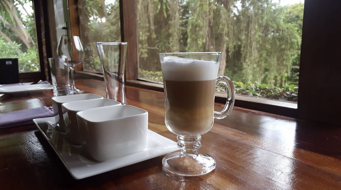 Layered latte by the window overlooking the garden